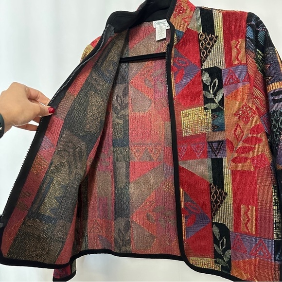 Coldwater Creek Full Zipper Red Black Green Abstract Leaf Print Jacket sz XS - Picture 7 of 11